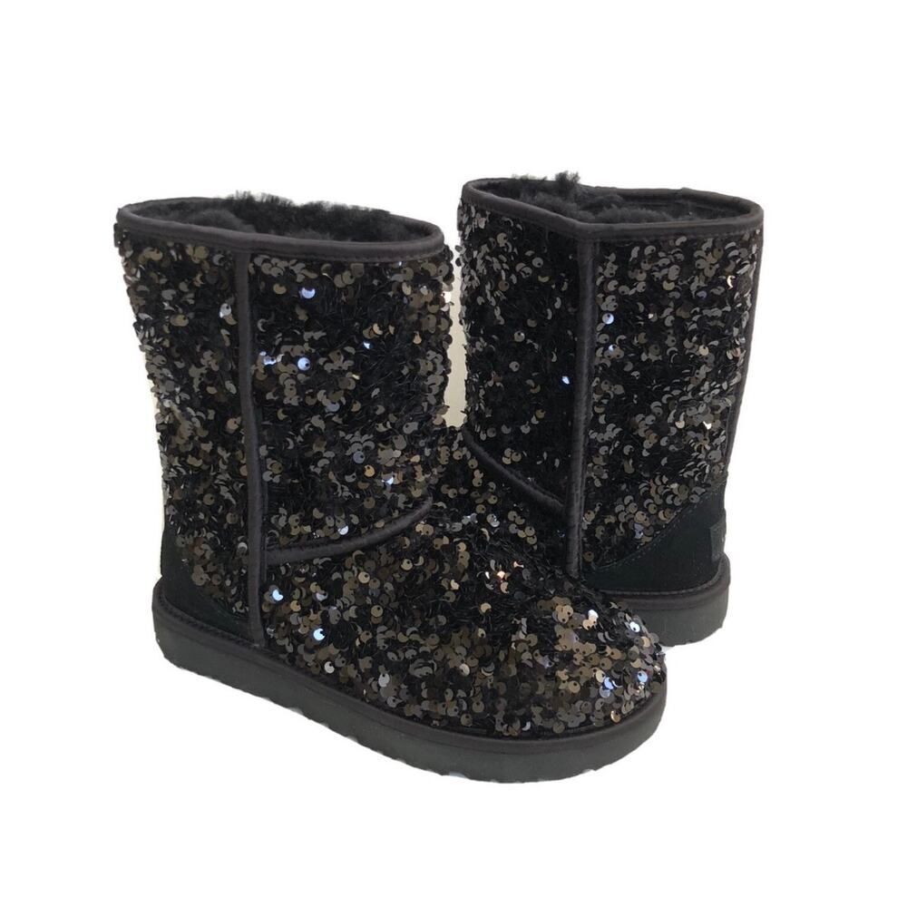 Ugg short classic emu boot- sheepskin black sequin bling sz 9 women 1130650